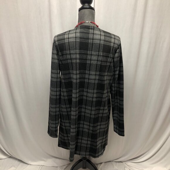 Plaid Open Front Long Sleeve Cardigan Womens Size Large Black Gray Layering NEW - Picture 3 of 8